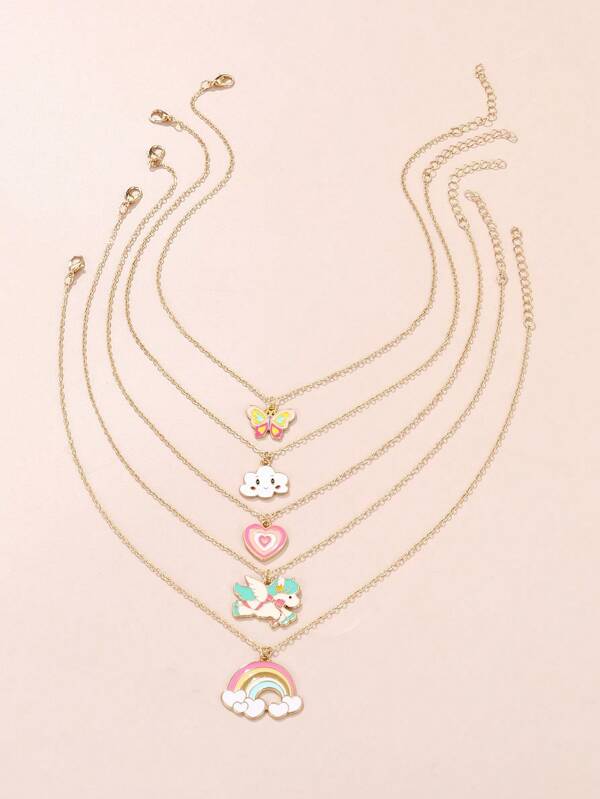 5pcs Girls' Rainbow Heart & Cloud Shaped Metallic Pendant Necklace Set With Oil Drip Effect