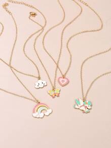 5pcs Girls' Rainbow Heart & Cloud Shaped Metallic Pendant Necklace Set With Oil Drip Effect