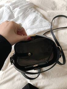 时尚迷你荔枝纹多用途纯色优雅别致手提包外出 - 黑色 - 查看 6