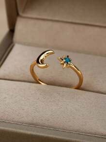 1pc Stylish Gold Plated Glow In The Dark Moon & Star Open Ring, Suitable For Women's Daily Wear, Jewelry Gift