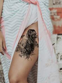 STARTTOOS 1pc Black Long-Haired Woman Back View Butterfly & Flower Pattern Full Arm, Chest, Abdomen, Back Temporary Tattoo Sticker - Black - View 3