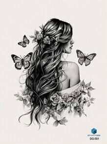 STARTTOOS 1pc Black Long-Haired Woman Back View Butterfly & Flower Pattern Full Arm, Chest, Abdomen, Back Temporary Tattoo Sticker - Black - View 4