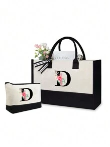 1 Bộ Túi Tote Vải In Hoa Chữ Đầu Có Túi Bảo Quản, Túi Quà Cá Tính, Thích Hợp Cho Đám Cưới, Sinh Nhật, Túi Đi Học, Là Món Quà Tuyệt Vời Cho Phụ Nữ, Mẹ, Giáo Viên, Bạn Bè, Phù Dâu, Học Sinh, Túi Lớn, Đi Học, Đơn Giản Túi xách dung lượng lớn,Túi tote đựng đồ di động thông thường,Túi mua sắm đa chức năng,Thiết kế mới,Sức chứa lớn,Lý tưởng để mua sắm - Đen và trắng - Xem 13