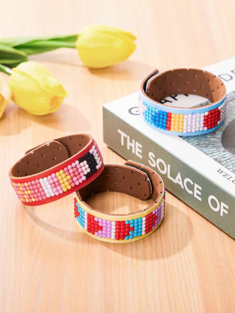 3入組diy鑽石繪畫手鏈,手工藝品,適用於節慶場合,是孩子和朋友生日和節日的理想禮物！ - 彩色 - 查看 1
