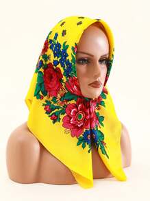 Velo de mujer de 27.5"x27.5" con estampado tradicional de peonía en rojo, multicolor y negro, un pañuelo hijab de moda estilo bohemio - Multicolor - Ver 8