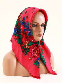 Velo de mujer de 27.5"x27.5" con estampado tradicional de peonía en rojo, multicolor y negro, un pañuelo hijab de moda estilo bohemio - Multicolor - Ver 11
