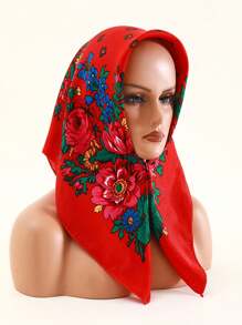 Velo de mujer de 27.5"x27.5" con estampado tradicional de peonía en rojo, multicolor y negro, un pañuelo hijab de moda estilo bohemio - Multicolor - Ver 7