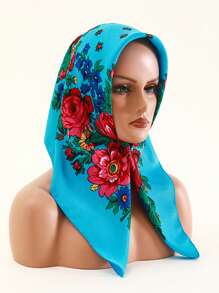 Velo de mujer de 27.5"x27.5" con estampado tradicional de peonía en rojo, multicolor y negro, un pañuelo hijab de moda estilo bohemio - Multicolor - Ver 3
