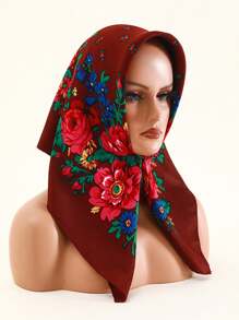 Velo de mujer de 27.5"x27.5" con estampado tradicional de peonía en rojo, multicolor y negro, un pañuelo hijab de moda estilo bohemio - Multicolor - Ver 9