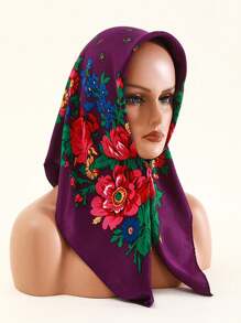 Velo de mujer de 27.5"x27.5" con estampado tradicional de peonía en rojo, multicolor y negro, un pañuelo hijab de moda estilo bohemio - Multicolor - Ver 12