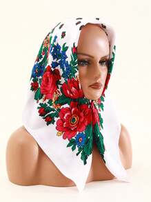 Velo de mujer de 27.5"x27.5" con estampado tradicional de peonía en rojo, multicolor y negro, un pañuelo hijab de moda estilo bohemio - Multicolor - Ver 4