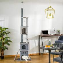 PawHut 255cm Floor To Ceiling Cat Tree For Indoor Cats Climber Scratching Post Adjustable Height Play Tower Removable Cover - Light Grey - View 2