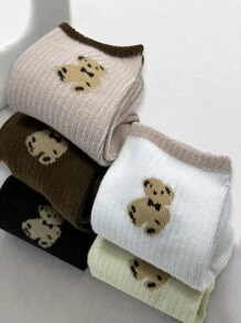 5pairs/pack Autumn And Winter Style Mid-calf Campus Style Bear Embroidery Sport Socks - Multicolor - View 2