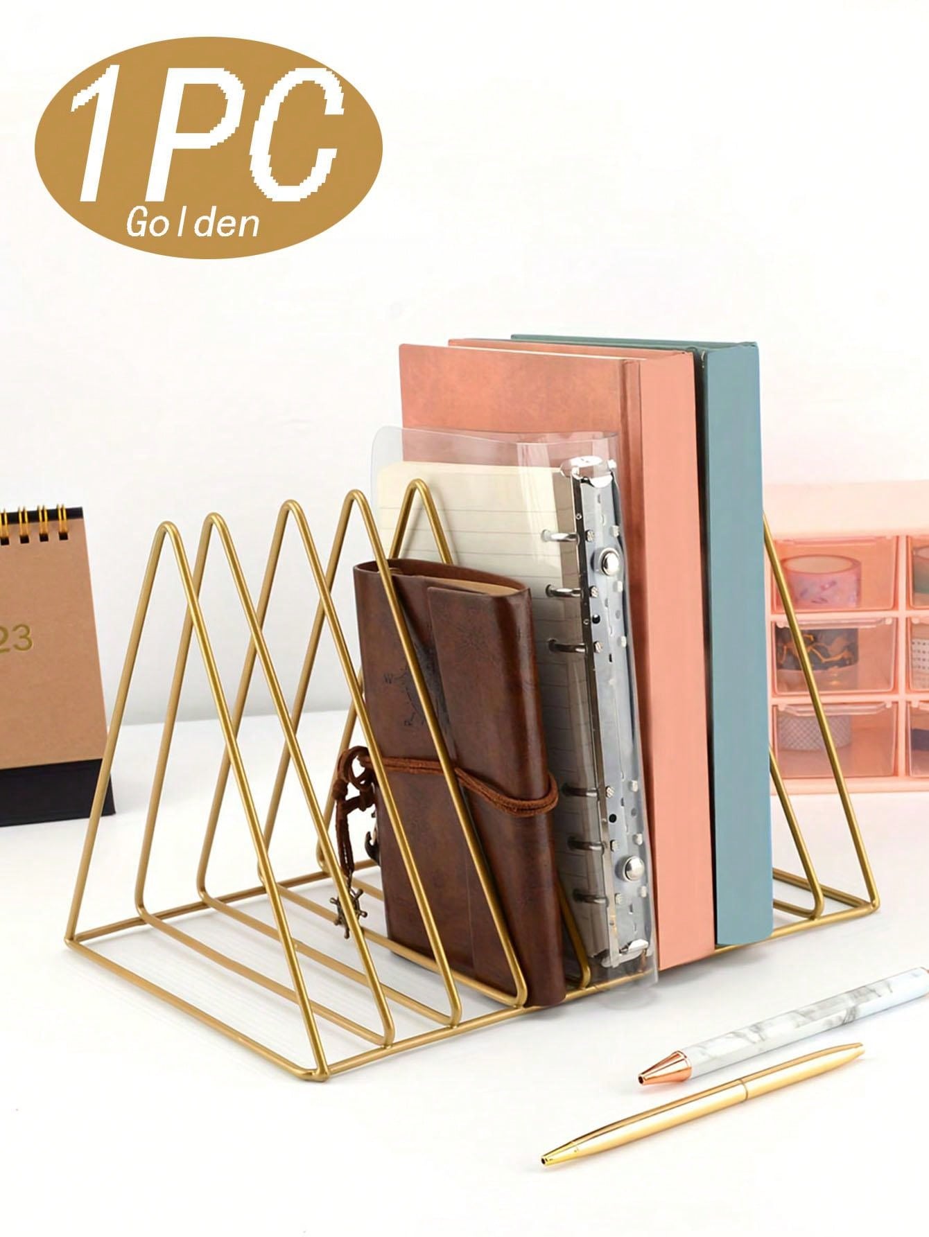 2pcs Wrought Iron Desktop Bookshelf Triangular Bookend Small Bookshelf Desktop Document Book