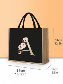 2 件/套简约花朵字母印花亚麻手提包，简约化妆包，大容量化妆包，圣诞礼物，多功能便携式教师手提包，教师感谢亚麻包，女性礼物，教师节礼物 - 黑色 - 查看 8