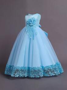 Tween Girls Solid Color Tulle 3D Floral Elegant Formal Dress, Suitable For Weddings And Parties, Excluding Headband - Blue - View 3