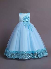 Tween Girls Solid Color Tulle 3D Floral Elegant Formal Dress, Suitable For Weddings And Parties, Excluding Headband - Blue - View 4