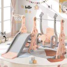 Flieks Slide For Children, 4 In 1 Children's Slide, Swing With Basketball Stand, Climbing Ladder, Swing, Slide, Garden Slide For Indoor And Outdoor Use - Pink - View 1