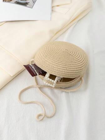 女士編織草編肩袋,純色多功能沙灘包