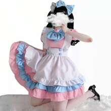 Disfraz de sirvienta Francesa para Mujer, Traje de sirvienta, Uniforme de Cosplay, Vestido con Pajarita Rosa Linda Set - Rosa - Ver 1