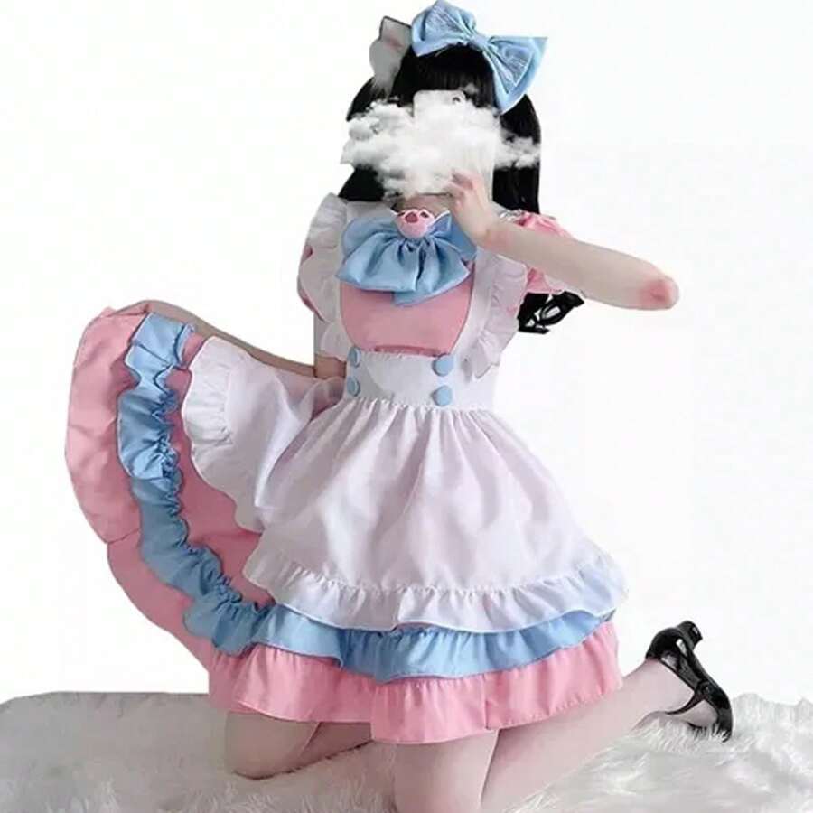 Disfraz de sirvienta Francesa para Mujer, Traje de sirvienta, Uniforme de Cosplay, Vestido con Pajarita Rosa Linda Set - Rosa - Ver 1
