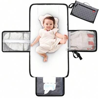 Lekebaby Portable Nappy Changing Mat Travel Baby Change Mat With Wipe-Pocket And Head Cushion, Diamond Quilting Grey