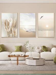 3PCS/1SET  Nordic Minimalist Sunset Landscape Hanging Paintings, Plant And Flower Living Room Painting Cores No Frame