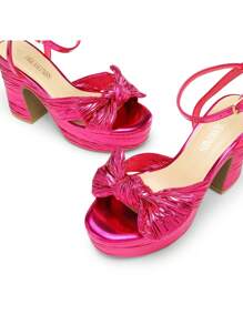 Women Chunky Platform Heeled Sandals, Pleated Bow Knot Ankle Buckle Strap Spring Summer Heeled Sandals, Open Toe Comfortable Y2K Dress Shoes For Prom, Wedding, Party - 亮粉紅色 - 查看 4