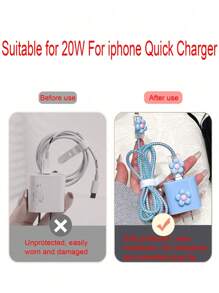 6pcs/Set Eva Cable Organizer Bag + Blue Flower 1.5m Coiling Device + Tpu Charging Head Protector, Suitable For Iphone12/13/14 Models 20w Fast Charging Cable, Anti-Breakage Design - Multicolor - View 5