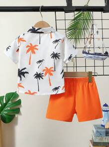 Baby Boys' Casual Coconut Tree Print Short Sleeve Shirt And Shorts Set, Suitable For Vacation In Summer