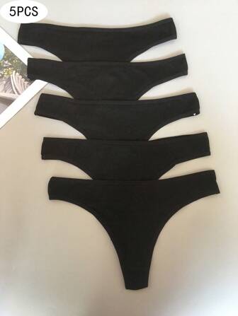 5pcs Ladies' Plain Black Sexy Thongs Panties