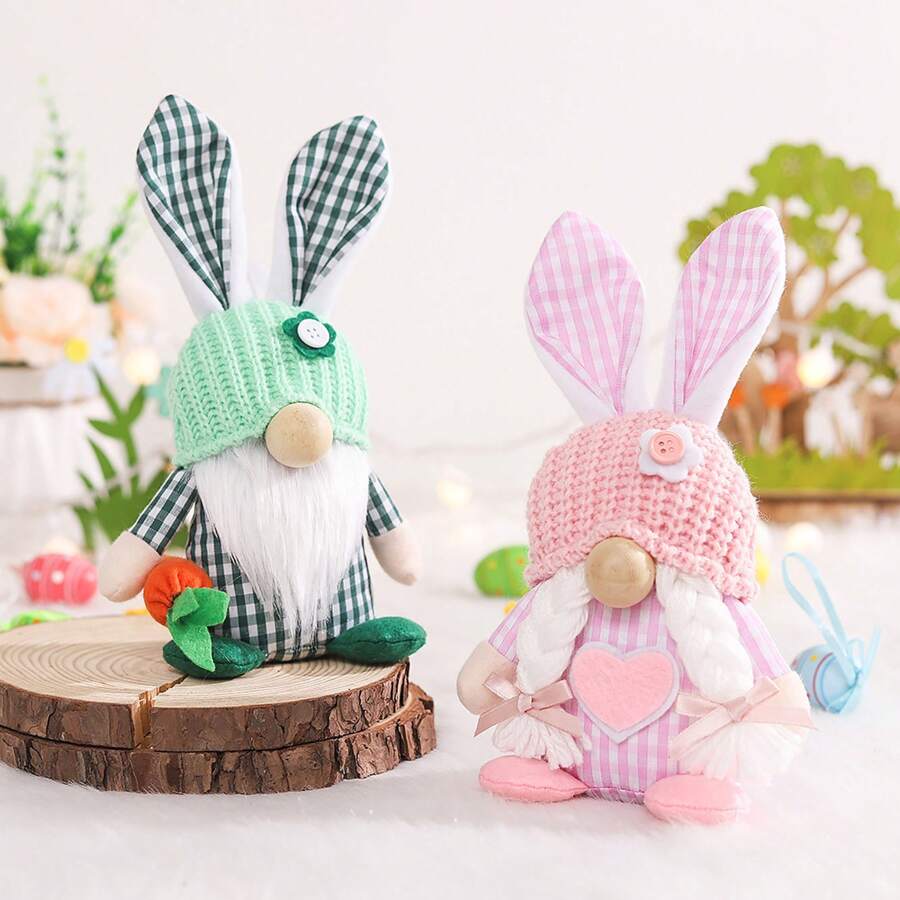 2pcs Easter Bunny Figurines, No-Face Doll & Home Decor Prop, Easter/Birthday Gifts - Multicolor - View 1