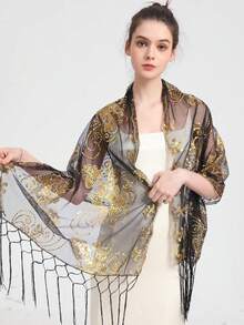 純色花邊手工披肩針織珠子亮片派對圍巾,新娘婚禮包裹,花卉長頸巾,舞蹈披肩 - 黑色 - 查看 2