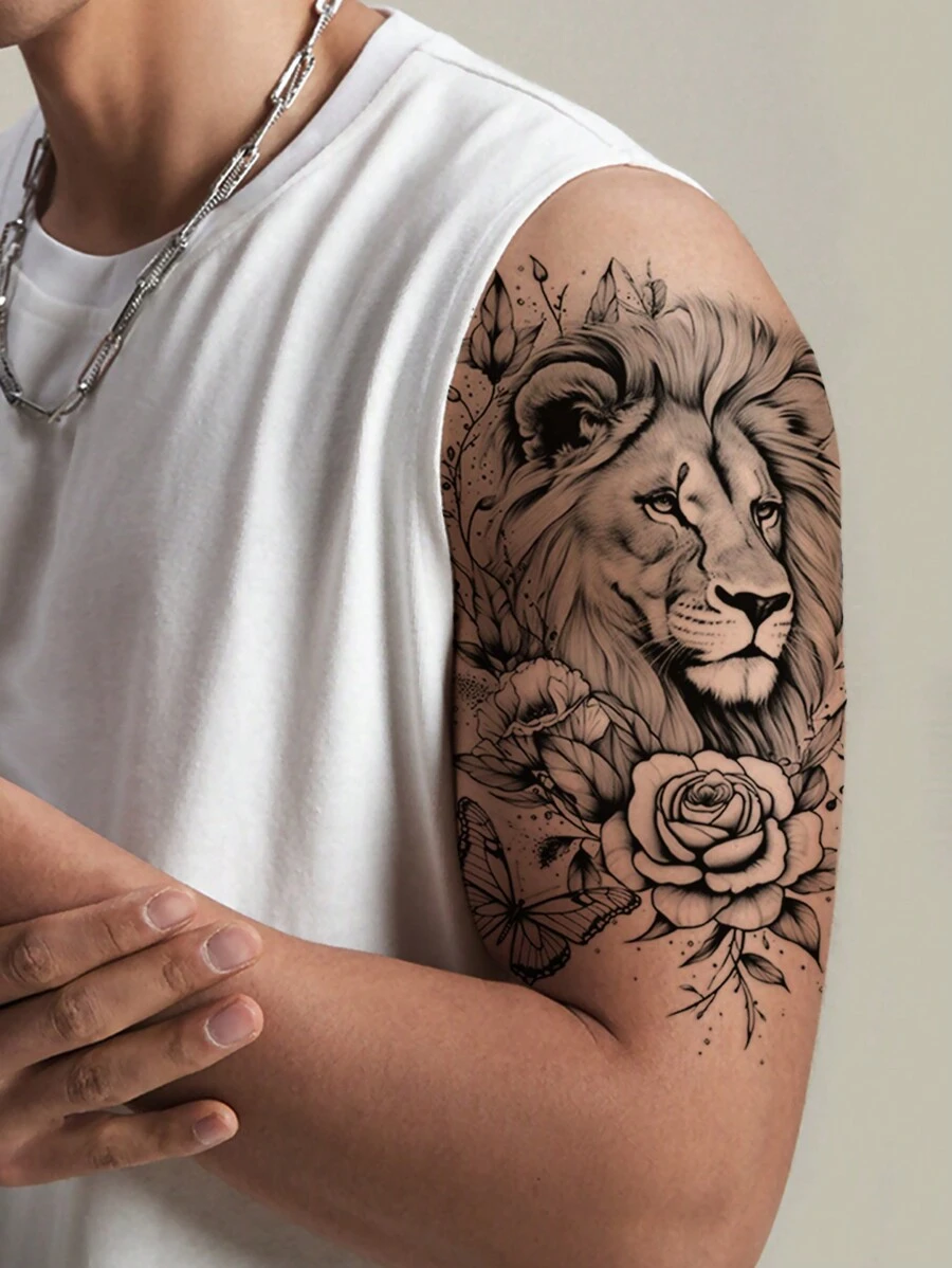 1 pieza Tatuaje corporal temporal grande con diseño de león negro, flor, mariposa y animal para brazo, pecho, abdomen y espalda