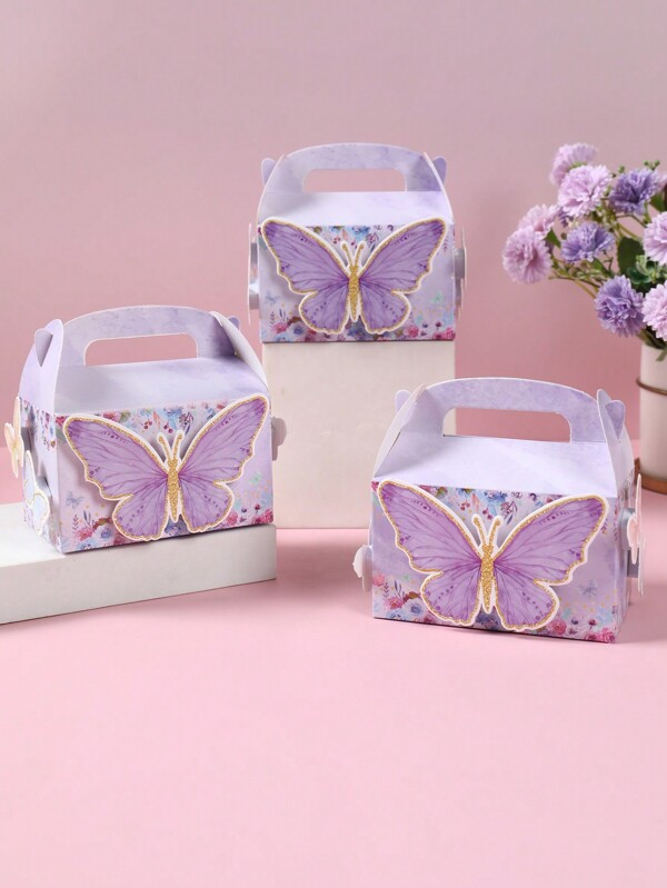 4 Stück lila Schmetterling Stil Multifunktions Geschenkbox, rosa Thema Geburtstag Hochzeit Baby Shower Familien Event Party Geschenkverpackungs-Zubehör Süßigkeiten Box, Brotbox Keksdose
