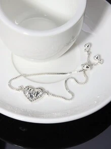 1 pieza Pulsera con cuerda de tiro con forma de corazón, diseño de plata y plegado, con decoración completa de rhinestones, apta para uso diario, cumpleaños, bodas y fiestas de mujeres el Día de San Valentín - Plateado - Ver 3
