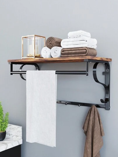 VASAGLE Wall Wardrobe Wall Shelf 5 Hook Shelf Industrial Design Hook Sticker Hanging Bar For Hallway Bedroom Bathroom Living Room Vintage Brown-Black