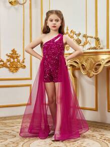 Tween Girls' One Shoulder Mesh Sequin Romper - Hot Pink - View 2