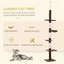 PawHut Floor To Ceiling Cat Tree For Indoor Cats 5-Tier Kitty Tower Climbing Activity Center Scratching Post Adjustable Height 230-260 Cm - Brown - View 5