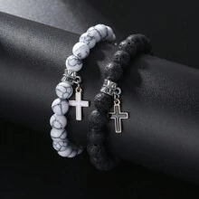 1 Set 2pcs Street Style Design White Turquoise & Lava Stone Beaded Astronaut & Hollow Cross Drop Oil Contrast Color Bracelet Kit For Couples And Festival Gift
