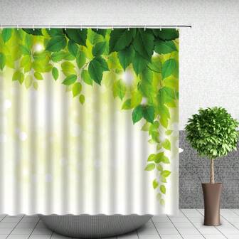 1pc Plant Themed Shower Curtain With Green Leaves Pattern And Hooks For Bathroom Separation Home Bathroom Decor Summer