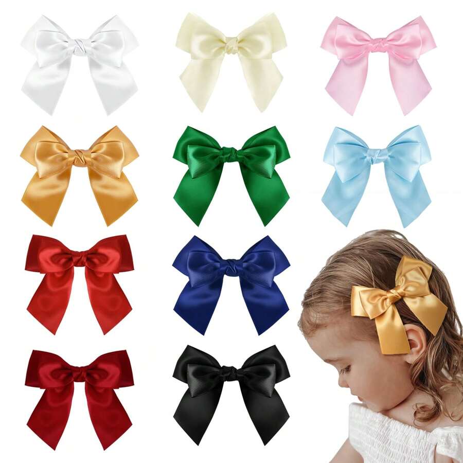 Oaoleer 10Pcs Ribbon Hair Bows For Girls, Hair Bow Clip Silk Bow Hair Clips, Satin Ribbon Hair Accessories For Toddlers Girls - Màu-1 - Xem 1