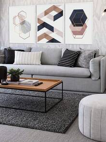 Kit 3 Quadros Decorativos Geométrico Azul Marinho Acinzentado Hexagonal Quarto Sala Casa Hall Escritório