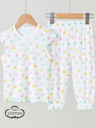 春夏季少女舒適草莓印花波浪袖上衣和褲子套裝，家居穿搭套裝