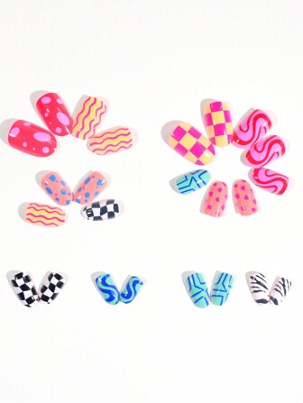 椭圆几何格子西式按压指甲，彩色几何印花，适合勇敢时尚的女孩按压指甲美甲用品