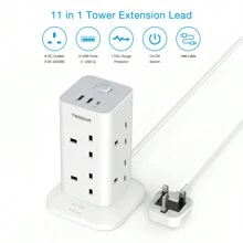 TESSAN 8 Way Plug Extension Socket With Switch,Tower Extension Lead With USB C Slots, Surge Protected Power Strip With 2M Cable For Home, School Supplies - Grey - View 3