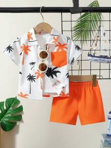 Baby Boys' Casual Coconut Tree Print Short Sleeve Shirt And Shorts Set, Suitable For Vacation In Summer