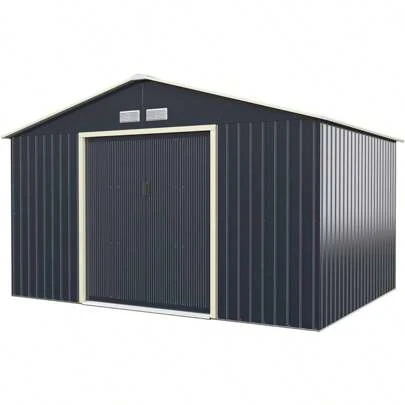 Tool Shed 8.67㎡, 340 X 255 X 210 Cm Metal Tool Shed With Gable Roof, 4 Ventilation Windows & Sliding Door, Metal Shed For Garden & Terrace