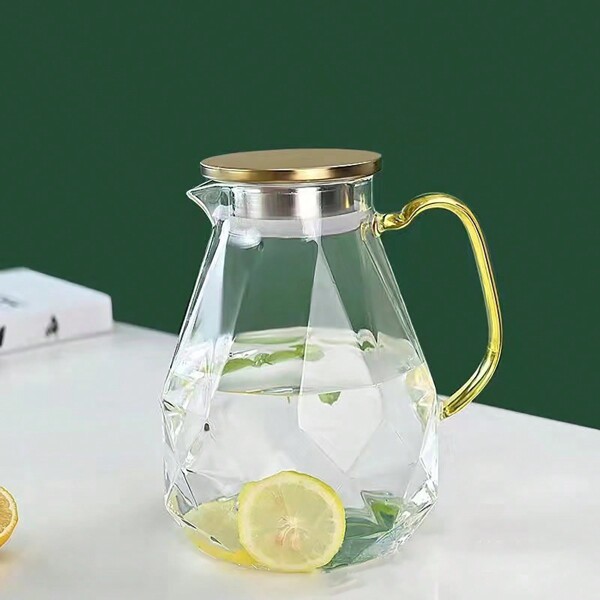 Jarra de agua para hacer limonada, contenedor de líquidos de vidrio de 1800 ml/60 oz con tapa de acero inoxidable, jarra de vidrio de borosilicato ligero con pico en forma de olécranon, fabricante de bebidas de vidrio para café frío, café helado, té suelto, té al sol, agua fría, fabricante de bebidas de cocina