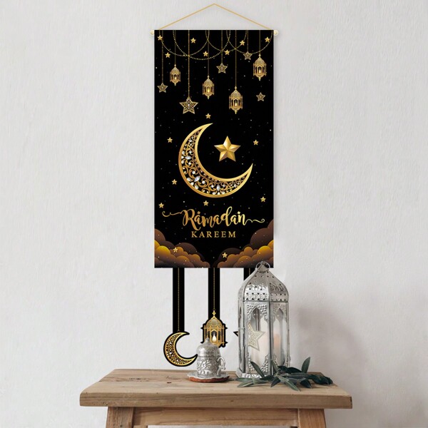 1pc Mubarak Flag, 39x95cm, Star & Moon Design, Decoration For Background Photo.